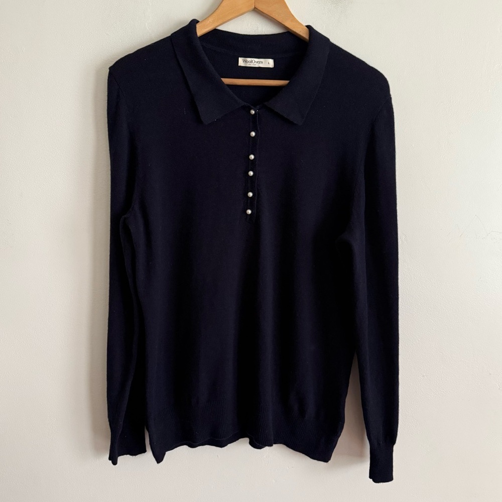 Woolovers Sweater Women Large Blue Merino Wool Cashmere Collared Pearl Button